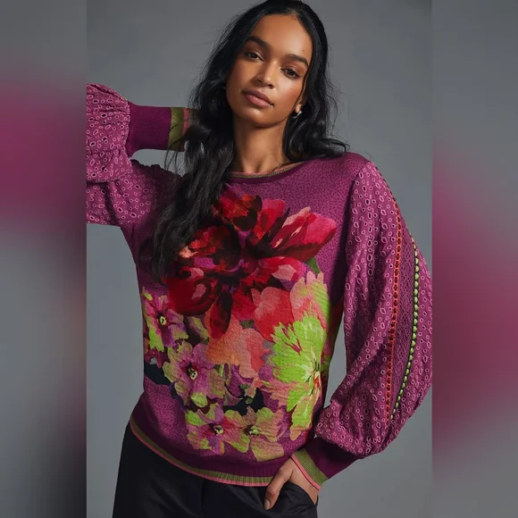 Anthropologie Purple Floral Knit Sweater - Picture 2 of 8